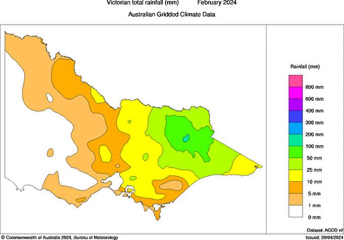Victoria's recorded rain for February. Picture supplied by Bureau of Meteorology