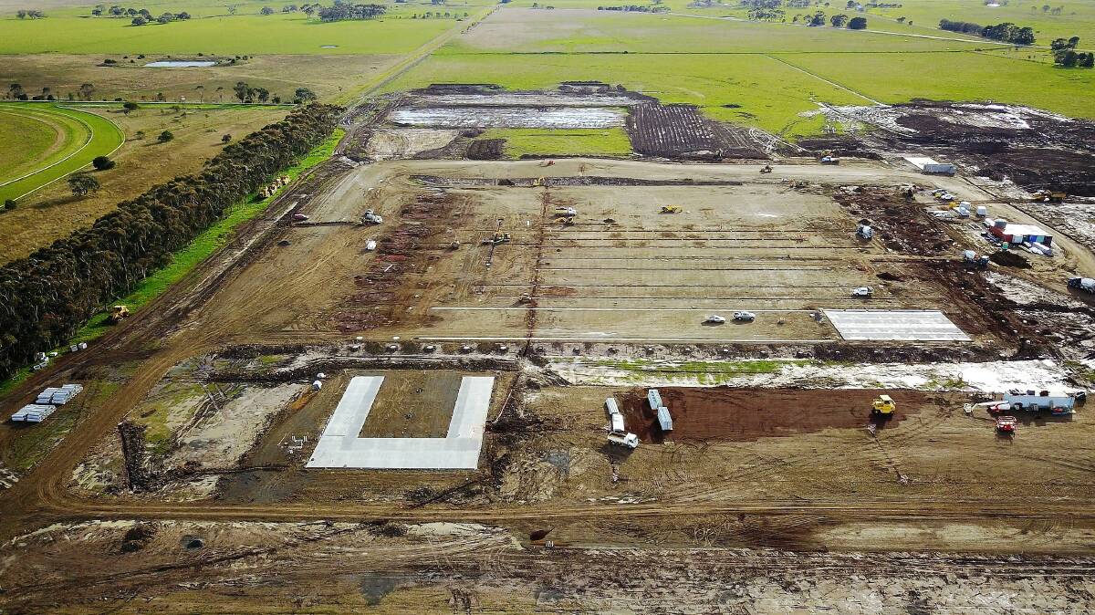 Progressing well: Construction of the new privately-owned Western Victoria Livestock Exchange at Mortlake is well underway with earthworks completed and several large slabs laid.  