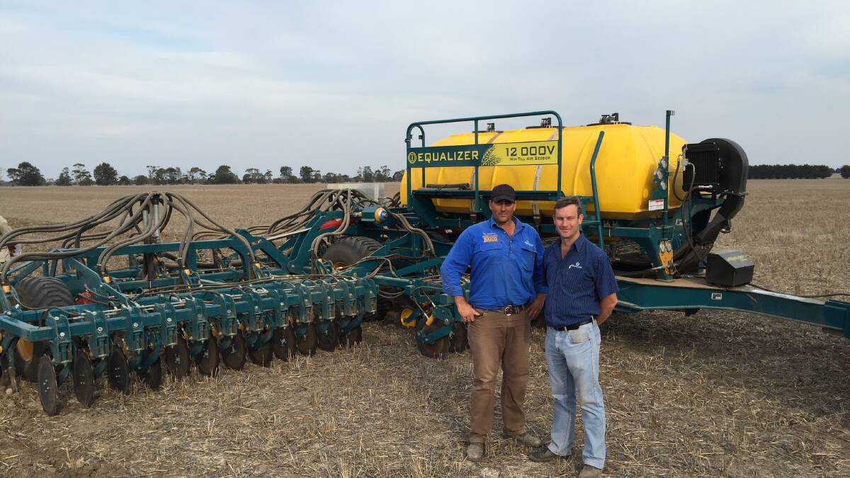 Andy Medlyn (left) of Equalizer seeder distributor, Harberger Farm Supplies with Equalizer managing director, Gideon Schreuder, during a seeding demonstration in dry conditions near  Inverleigh, Victoria. Photo - Tom McKenny.