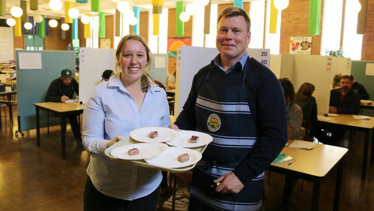 With a plate of beef samples: CSU Bachelor of Animal Science (Honours) student Veronika Vicic and lecturer Michael Campbell. Photo: supplied.
