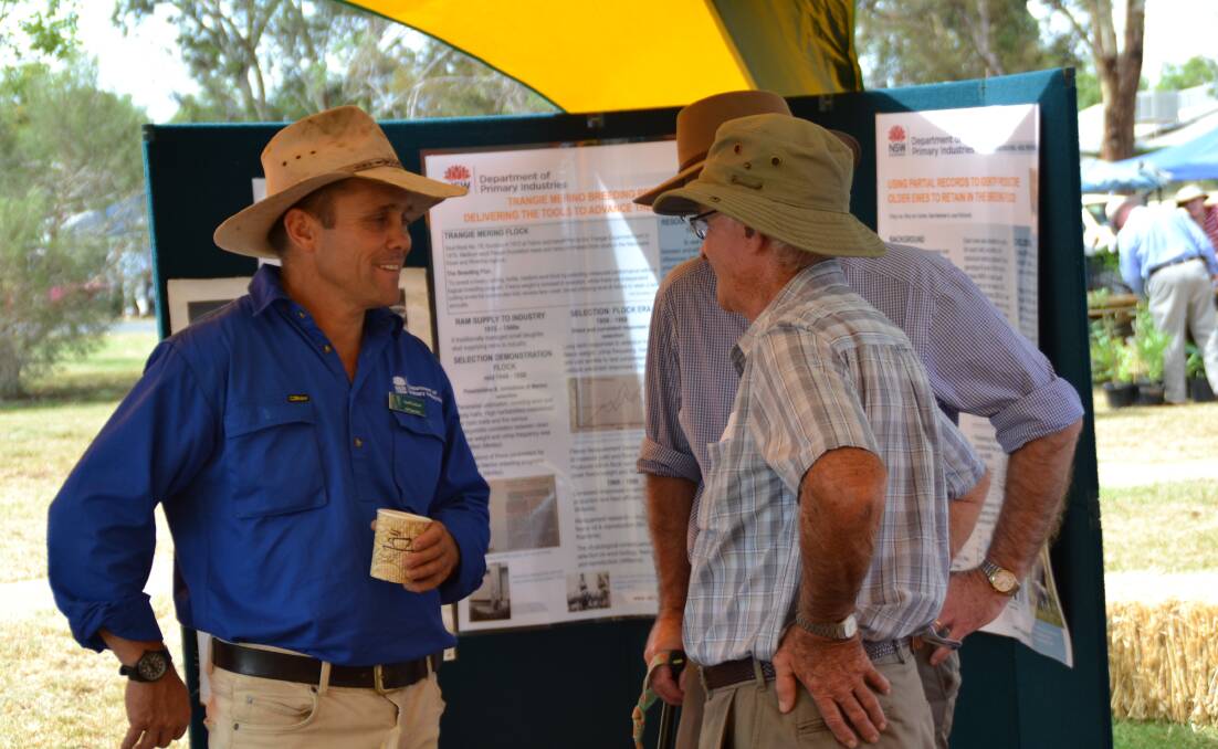 Sheep enterprise comparisons: NSW DPI sheep development officer Geoff Casburn discusses sheep industry flux with producers during an open day at Trangie. Photo: supplied.
