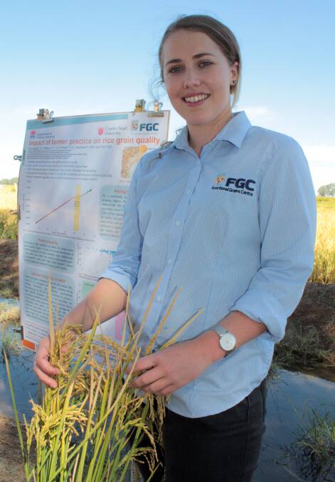 NSW Department of Primary Industries resaercher and PhD candidate, Rachael Wood, delivered the latest results from a joint project between NSW DPI and Charles Sturt University, through the Australian Research Council Industrial Transformation Training Centre for Functional Grains, which focuses on factors affecting whole rice grain yield. Photo: supplied
