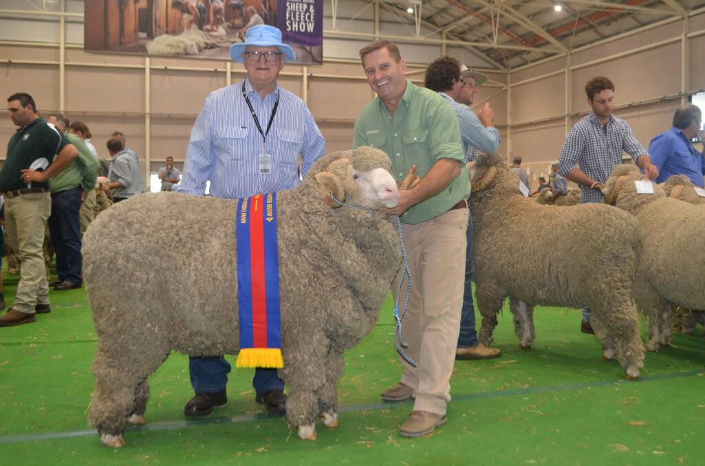 John Williams, Thalabah, Crookwell, proudly presents his grand champion fine wool ram paraded by Rick Power, Boorowa.