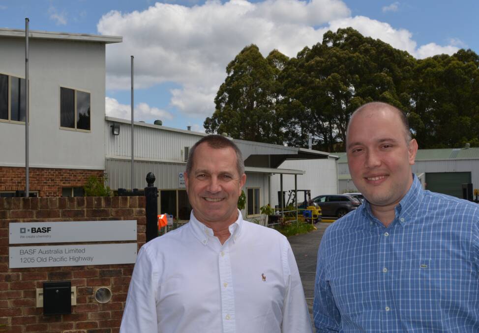 BASF's head of agriculture in Australia and New Zealand, Gavin Jackson, with Asia Pacific agriculture boss, Gustavo Palerosi Carneiro, at the Somersby biological products plant on the NSW Central Coast.