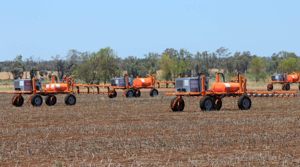SwarmFarm's autonomous Swarmbots at work on a weed spraying mission near Emerald in Queensland. 