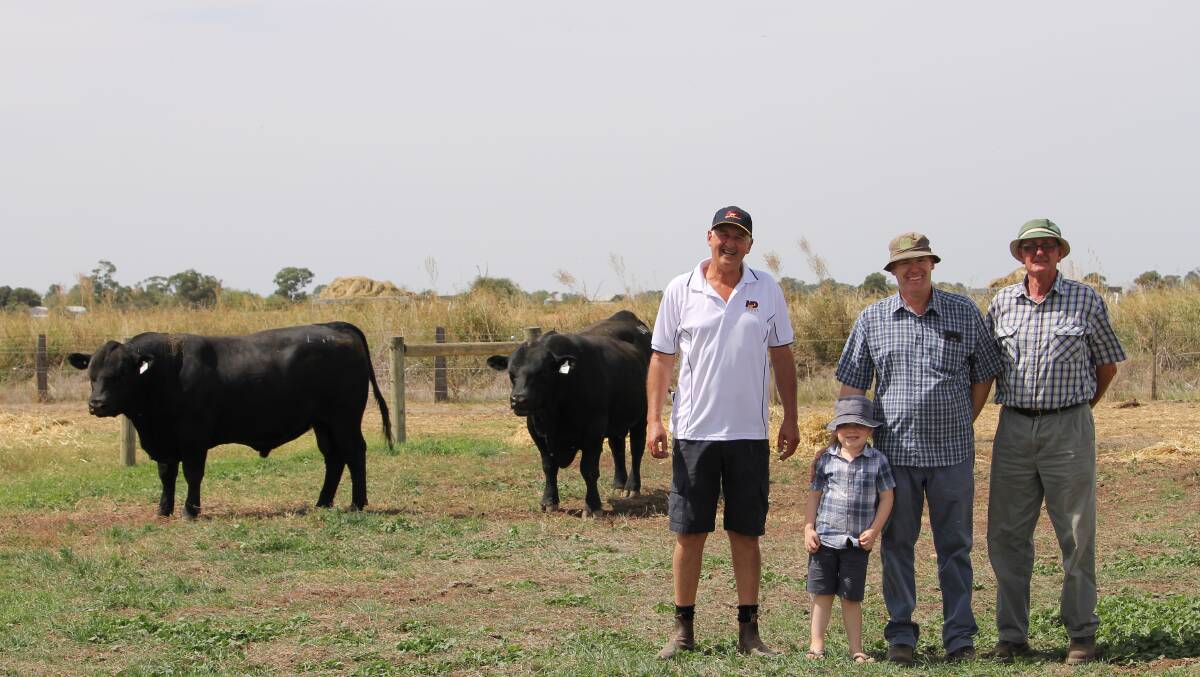 Merridale principal Peter Collins with buyers of the equal top-priced bull, the Wall family - Jacob, 4, Simon and Jeff, of Lynfield, Gowangardie.