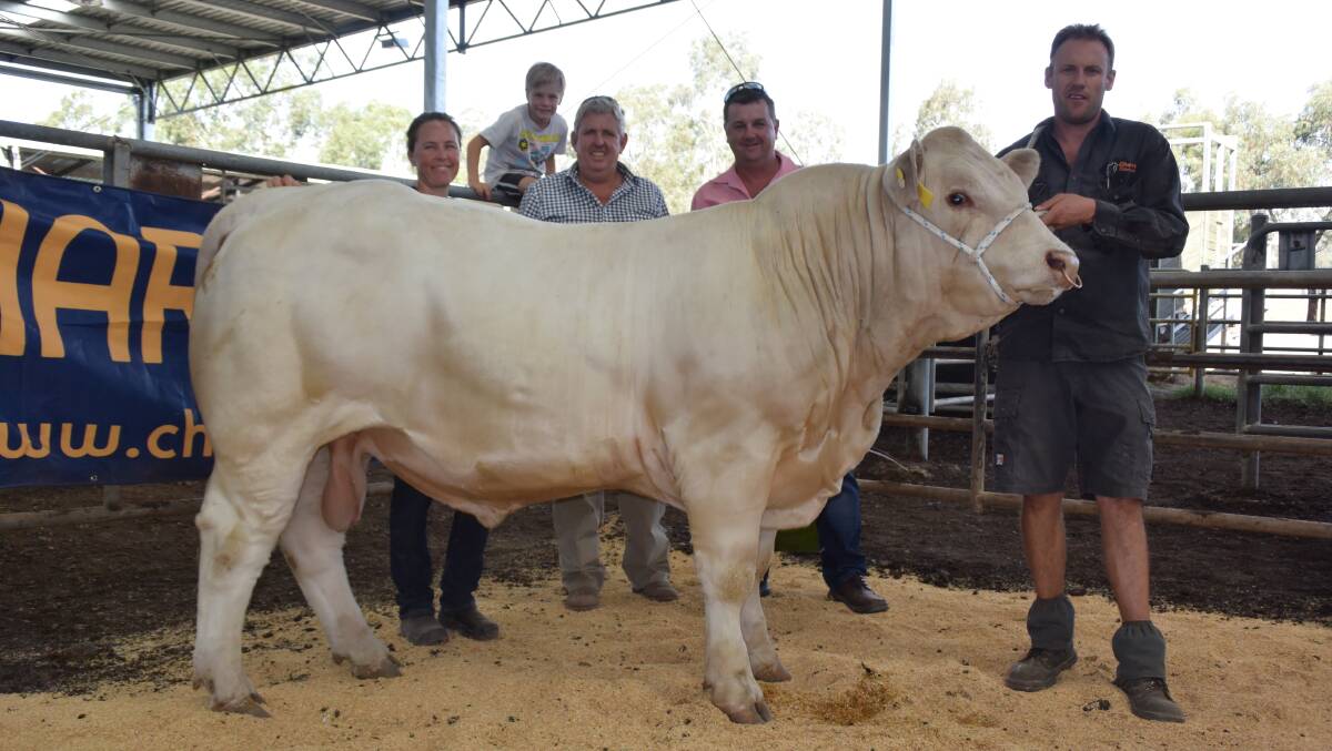 Vendor Bec Keeley, son Mitchell Pickering, 7, buyer Peter Fogden, agent Nigel Rollbusch and vendor Colin Pickering with the equal top-priced bull.