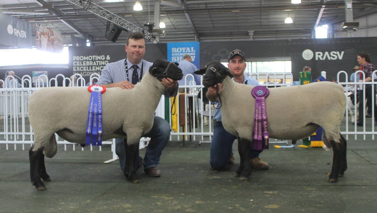 Alastair Day and Lachie Kelly with the Allendale champion and reserve Suffolk ram.