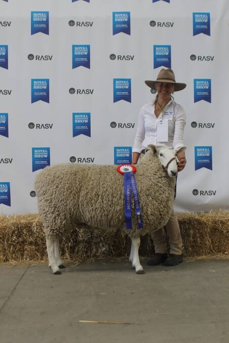 Kylie Anderson with the Talkook stud's champion Border Leicester ewe.