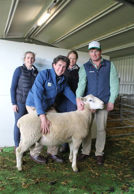 Kate and Chris Dorahy with the top-priced ram and purchaser Mareeta Cox, Coojar, and Rick Smith, Landmark Casterton.