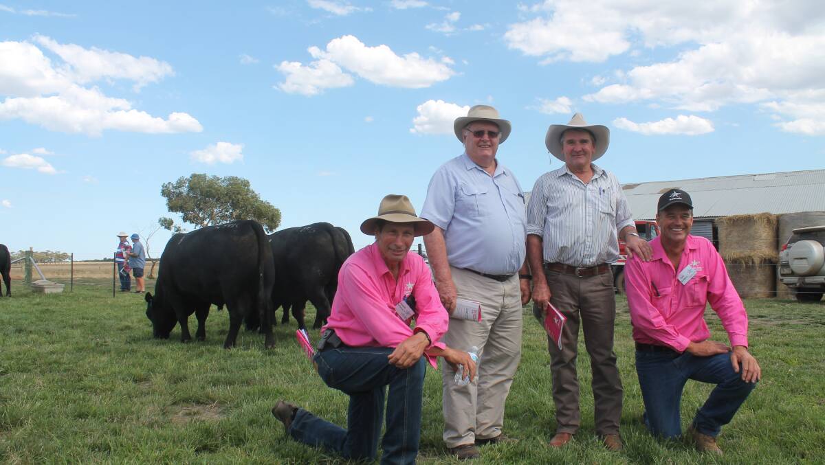Hamish McFarlane and Tom Gubbins flank long-time supporters Tony Dowe, Sydney, and volume buyer Dennis Power, Minnamurra Pastoral Co, NSW.