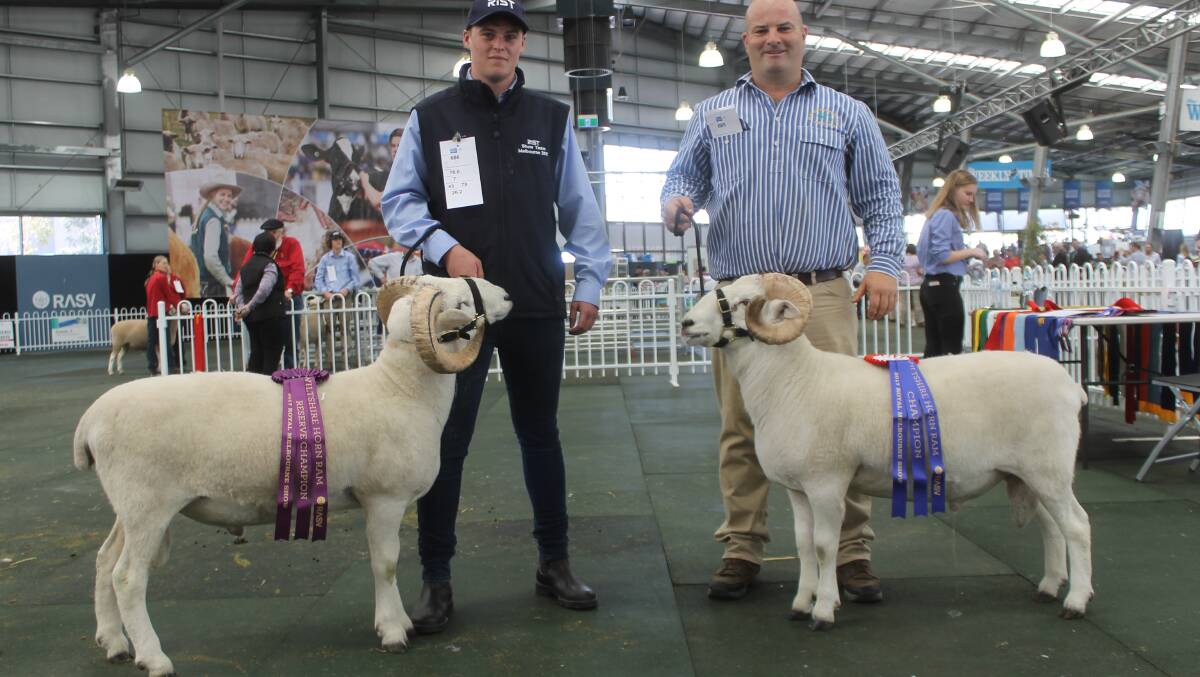 Ologhin Wiltshire Horn stud, Deniliquin, NSW, won champion and reserve ram of the breed, pictured with Harrison Rantall (leading the reserve) and Jason O’Loghlin (with the champion).