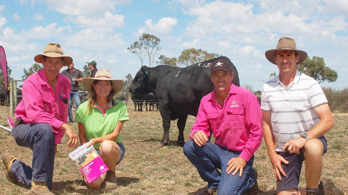 Pictured with Te Mania Kasbah K338, the $23,000 equal top priced bull at the Te Mania bull sale are Te Mania co-principals Hamish McFarlane (left), and Tom Gubbins (2nd right), and purchasers Jodie and Shane Foster, Boonaroo stud, Casterton.