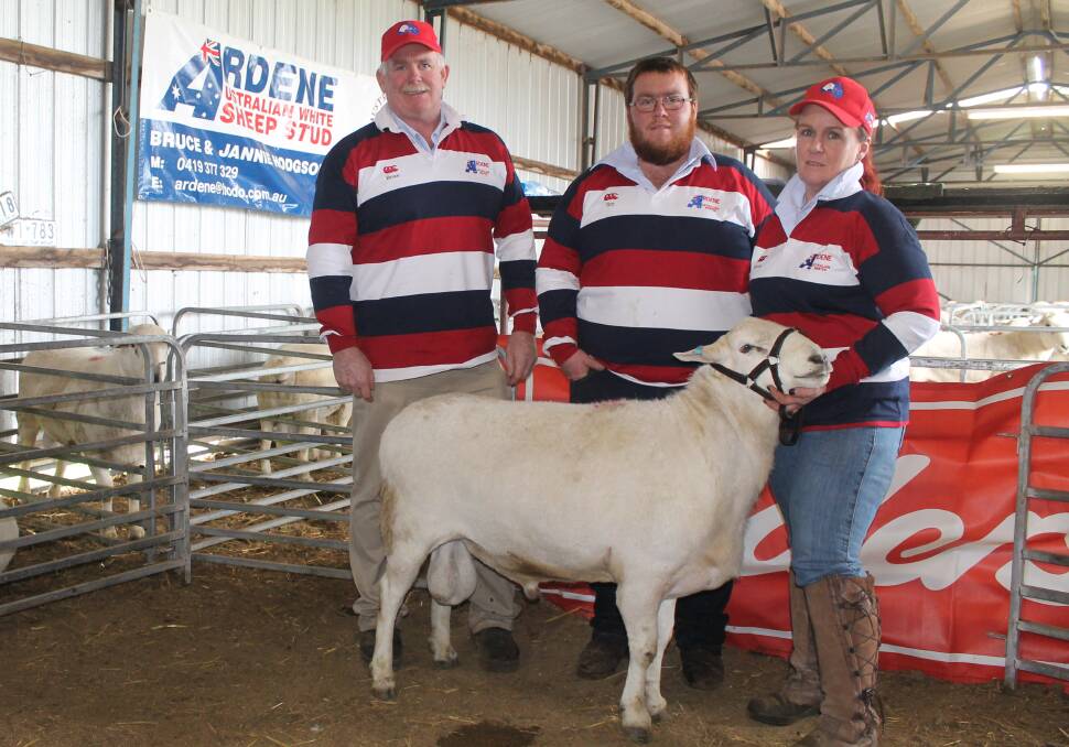 Ardene's Bruce, Roy and Jannie Hodgson, pictured with the top-priced stud ram, Ardene "6" 14006.