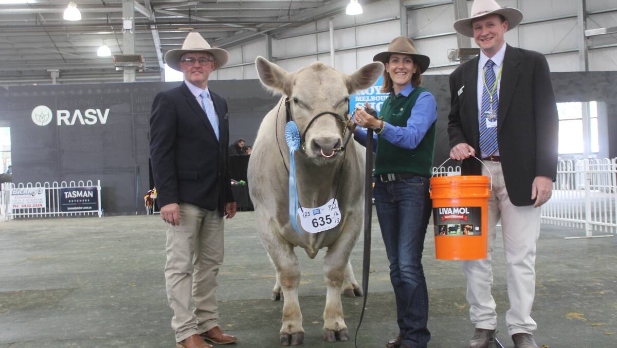 Murray Grey: RASV's Beef Cattle & Carcase chairman David Bolton, Courtney Hazeldene, Ganado Greys, and sponsor Jason Sutherland, International Animal Health. Photo: Laura Griffin