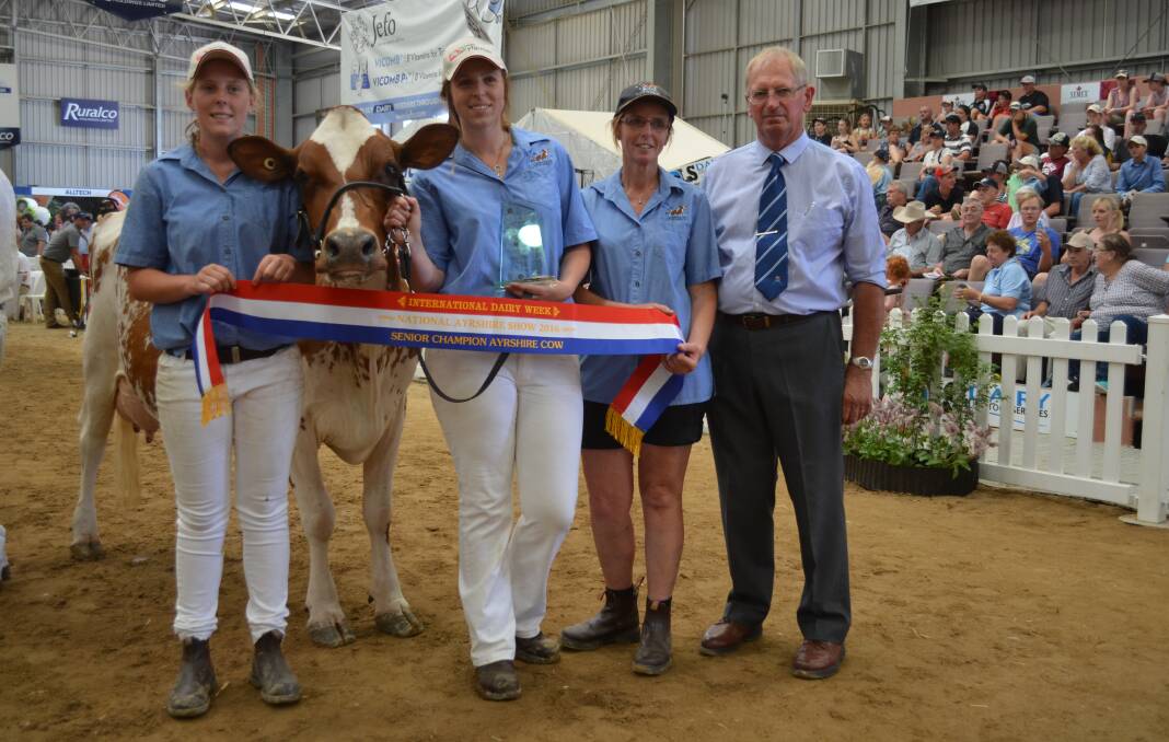 Brittany, Caitlin and Cheryl Liebich, Jervois, South Australia, with the supreme Ayrshire cow Cher-Bar Rippa Lasselle and judge Max Hyland.