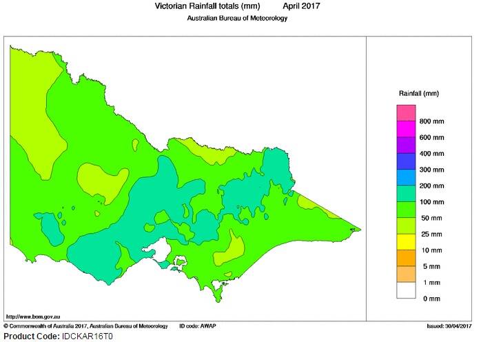 Victorian rainfall totals for April 2017. Reproduced with the permission of the Bureau of Meteorology.