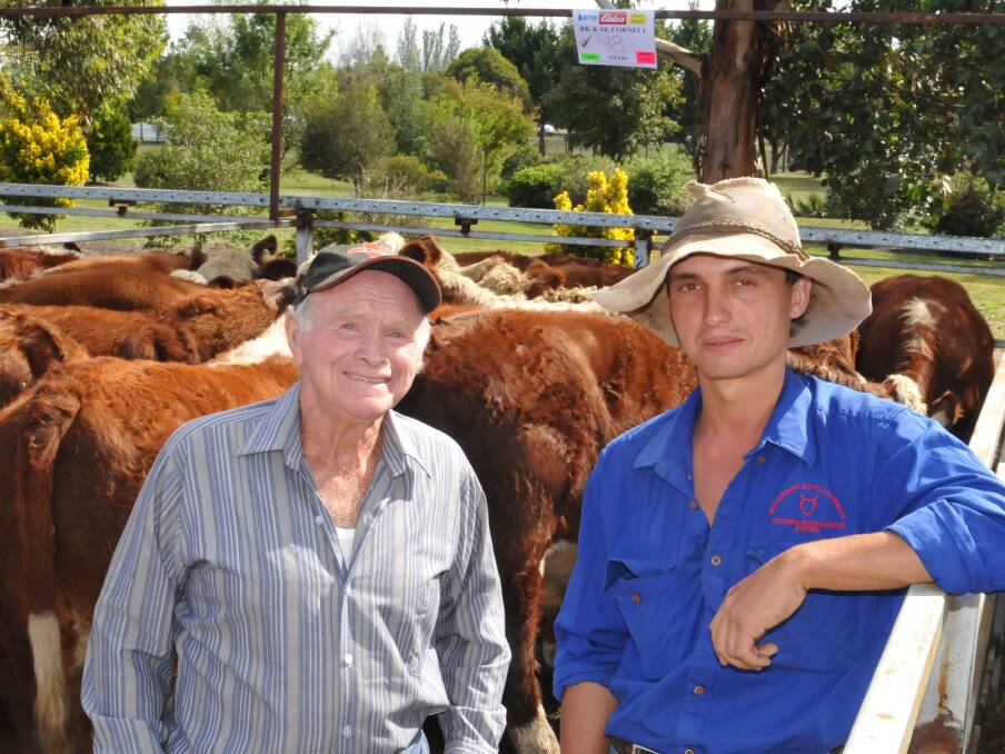 Laurie Lee, Benambra, with Russell Cornell, who has leased the Lee farm and sold his first draft of 15 calves making $1290 at the Benambra sale.