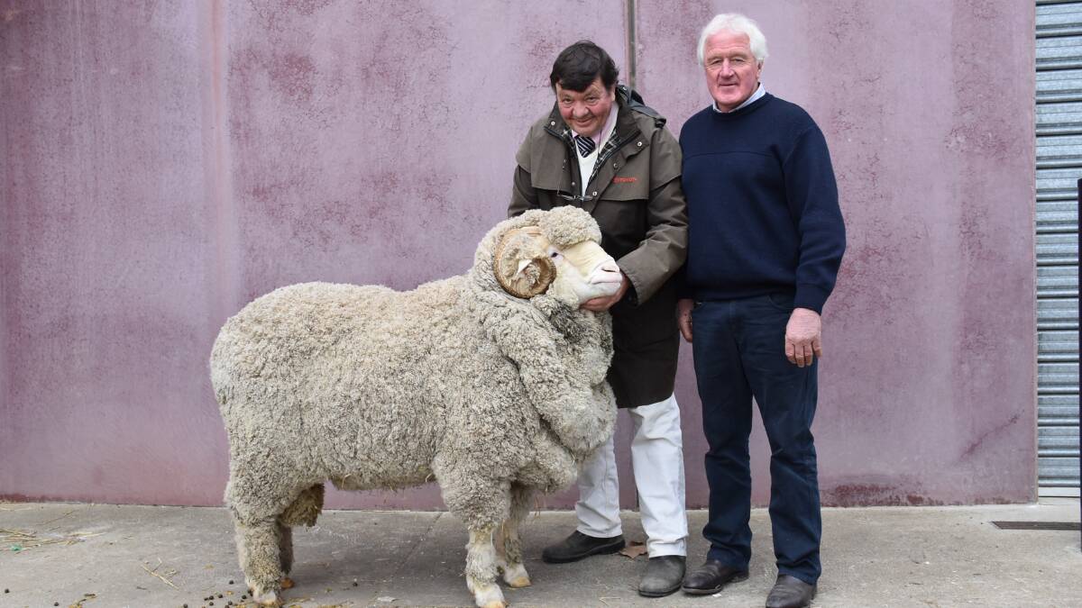 Merryville co-principal Wal Merriman, Boorowa, NSW, and buyer John Crawford, Rock-Bank stud, Victoria Valley, Vic, with the equal top-priced ram.