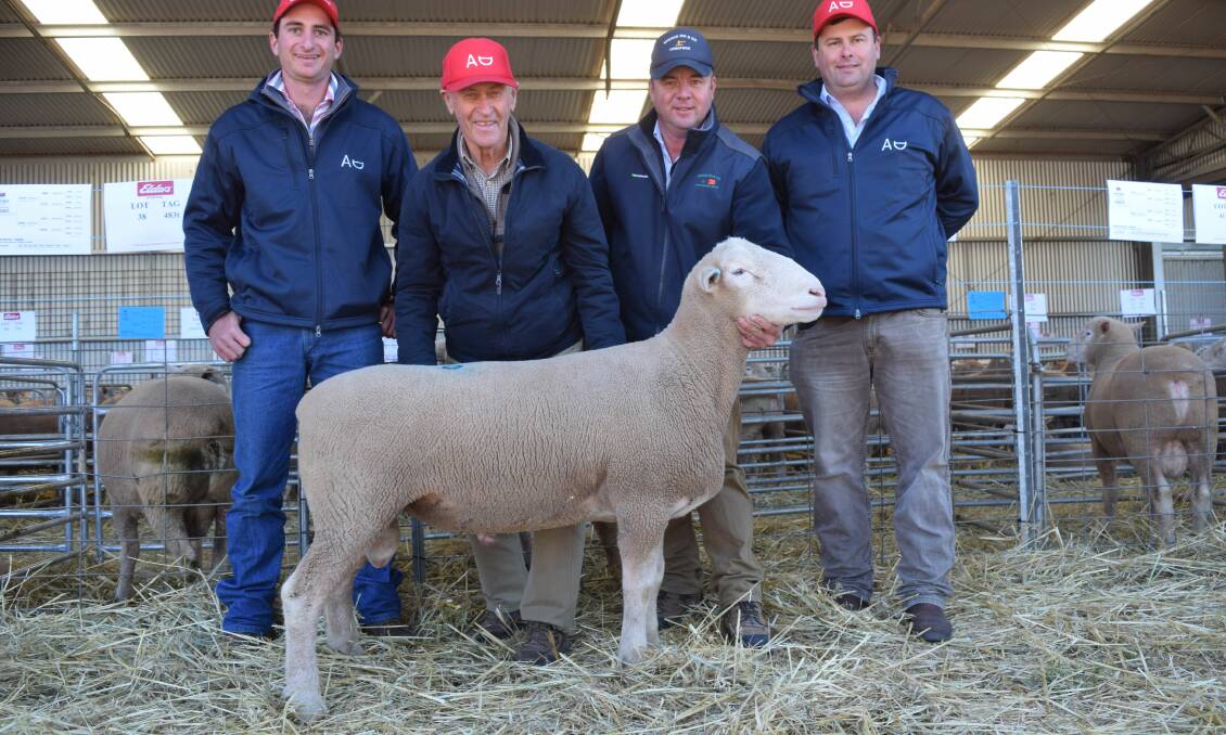 PROVEN BLOODLINES: Allendale stud's Lachie Kelly, Graham and Alastair Day with Spence Dix & Co's Jono Spence holding the $15,000 top priced ram, a Derrynock 137-14 son, they bought at Derrynock last Thursday.