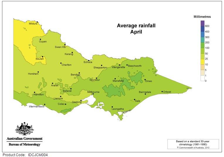 Average rainfall in April in Victoria. Reproduced with the permission of the Bureau of Meteorology.