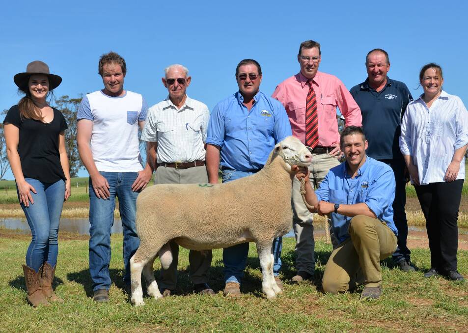 CRUISY DECISION: At the Anden sale at Woomelang, Vic, were stud principal Joel Donnan (front) holding the $68,000 record price ram with Anden's Lauren Donnan, Kattata Well's Leroy Hull, Anden's John and Andrew Donnan, Elders stud stock auctioneer Ross Milne, Kattata Well's Geoff Hull and Anden's Denita Donnan.
