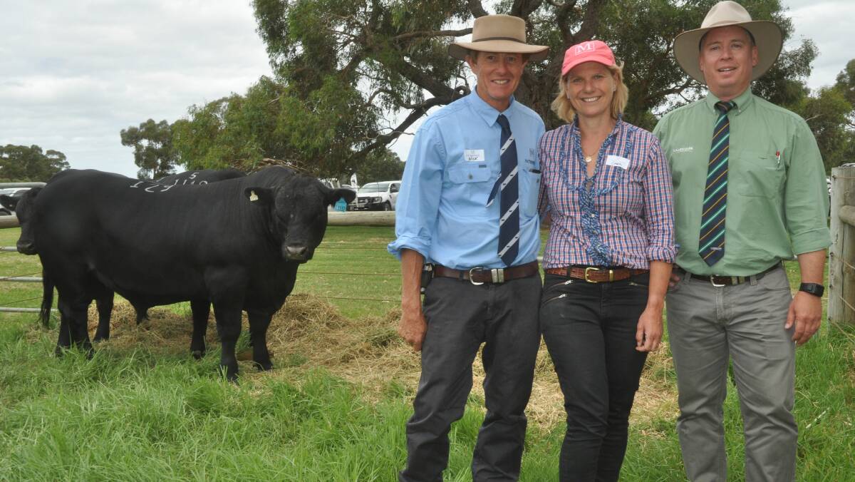 STUD SIRE: Nick and Sara Moyle, Pathfinder stud, Penshurt, Vic, with Landmark stud stock manager Gordon Wood and the $32,000 top price bull from their SA sale.