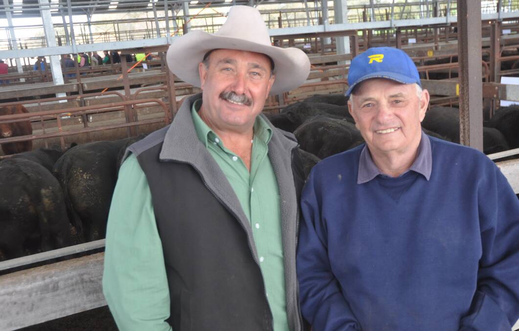 SALE TOPPER: Landmark Keith's Noel Evans with client Deiter Bator, Keith, who was thrilled to sell the $1856 top pen of steers and $1610 top pen of heifers at Naracoorte.