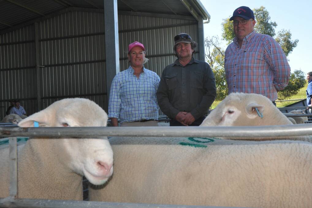 Emily and Scott Davidson, Morton stud, Lucindale with Brooklyn Station manager Drew Maxwell who was the sale's volume buyer with 26 Poll Dorset rams.