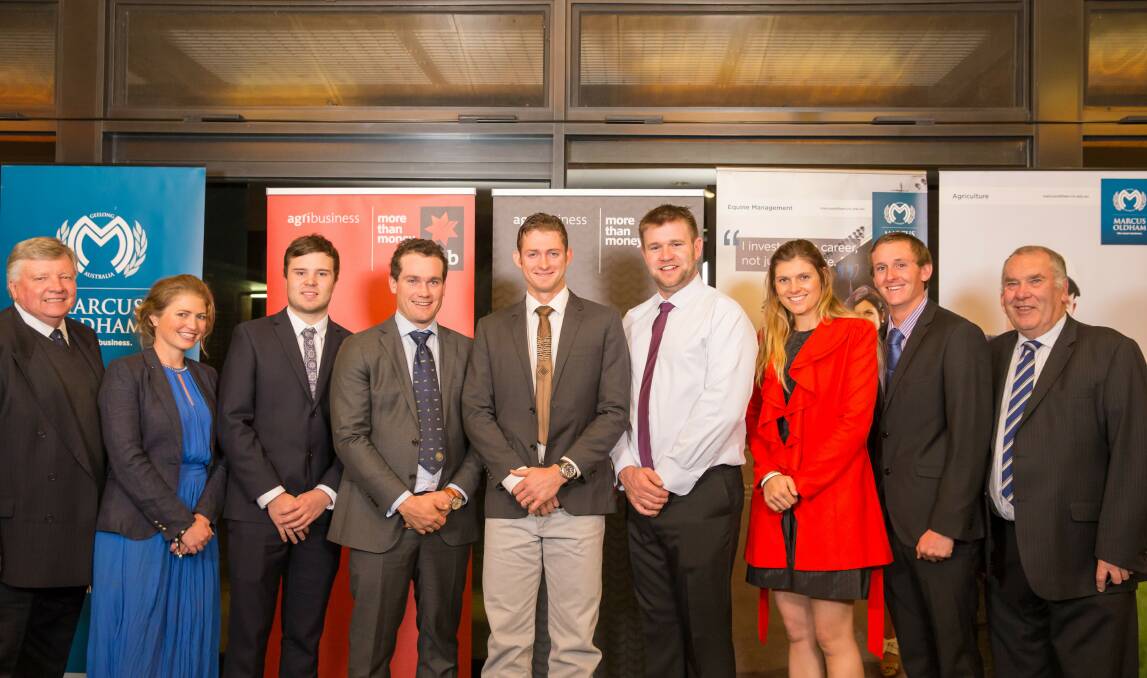 Chair of the Australian Beef Industry Foundation  John Gunthorpe with scholarship recipients Katrina Weir, Aiden Coombe, Jeremy Cummins, Roley James, Glenn Paton, 
Molly Van Hemert, Steve Hayes and director of corporate training at Marcus Oldham College Sam Inglis. 

