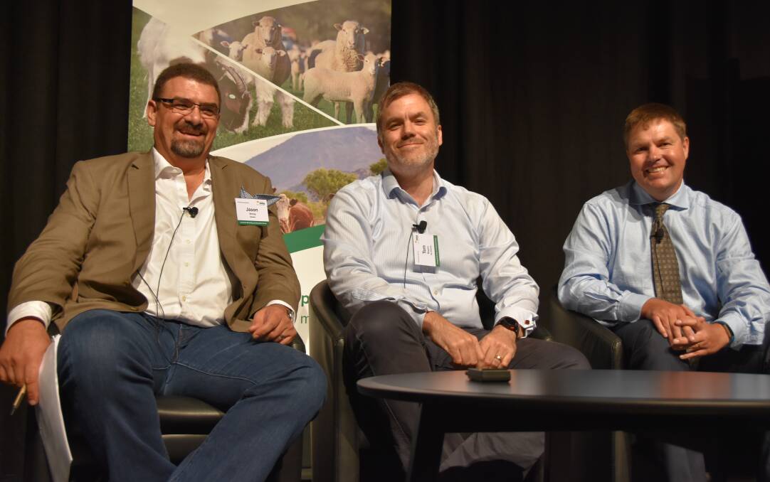 Beef industry leaders discuss the future of genetics: Smithfield Cattle Co's Jason Strong, Teys' Tom Maguire and meat scientist Dr Alex Ball at yesterday's Brisbane forum.