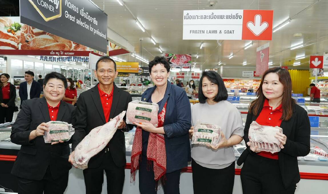 WA agriculture minister Jackie Jarvis with lamb products from her state at the Thai Macro supermarket. Picture supplied.