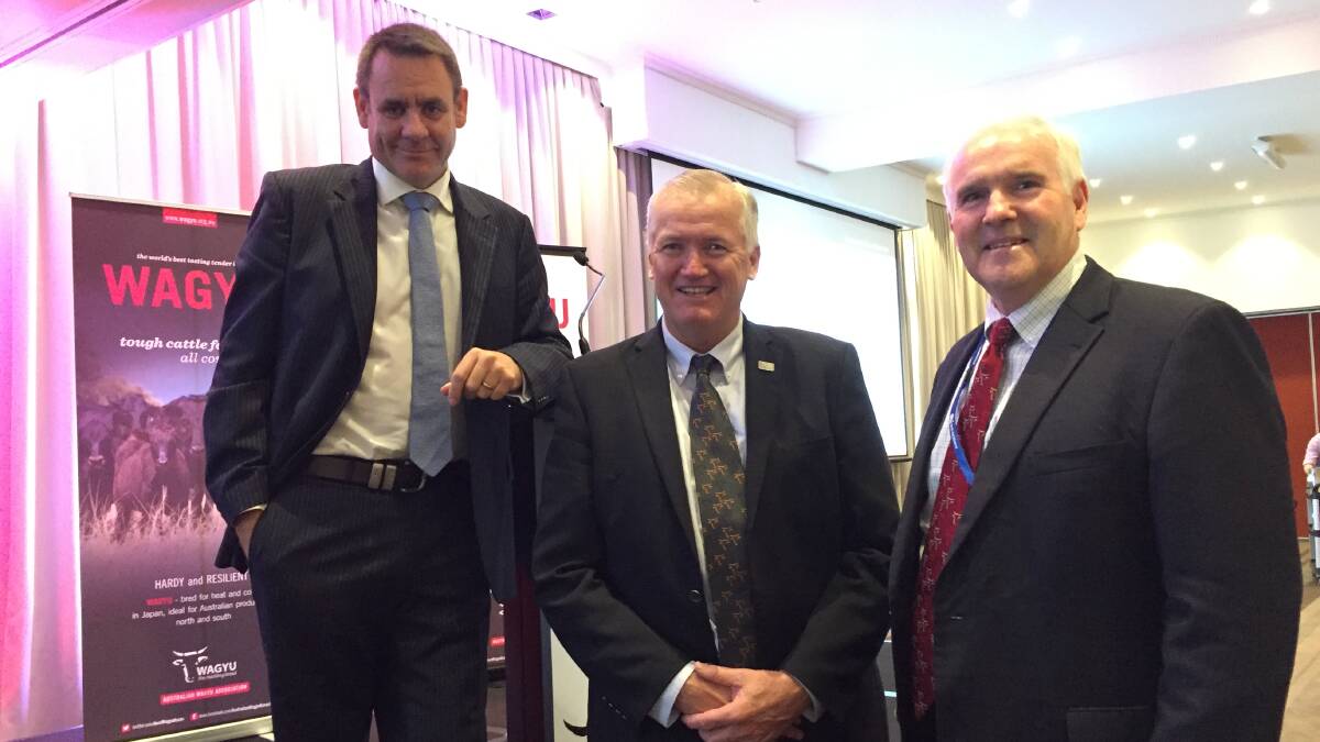 Meat and Livestock Australia managing director Richard Norton with Australian Wagyu Association president Peter Gilmour and chief executive officer Graham Truscott at the Hunter Valley conference.
