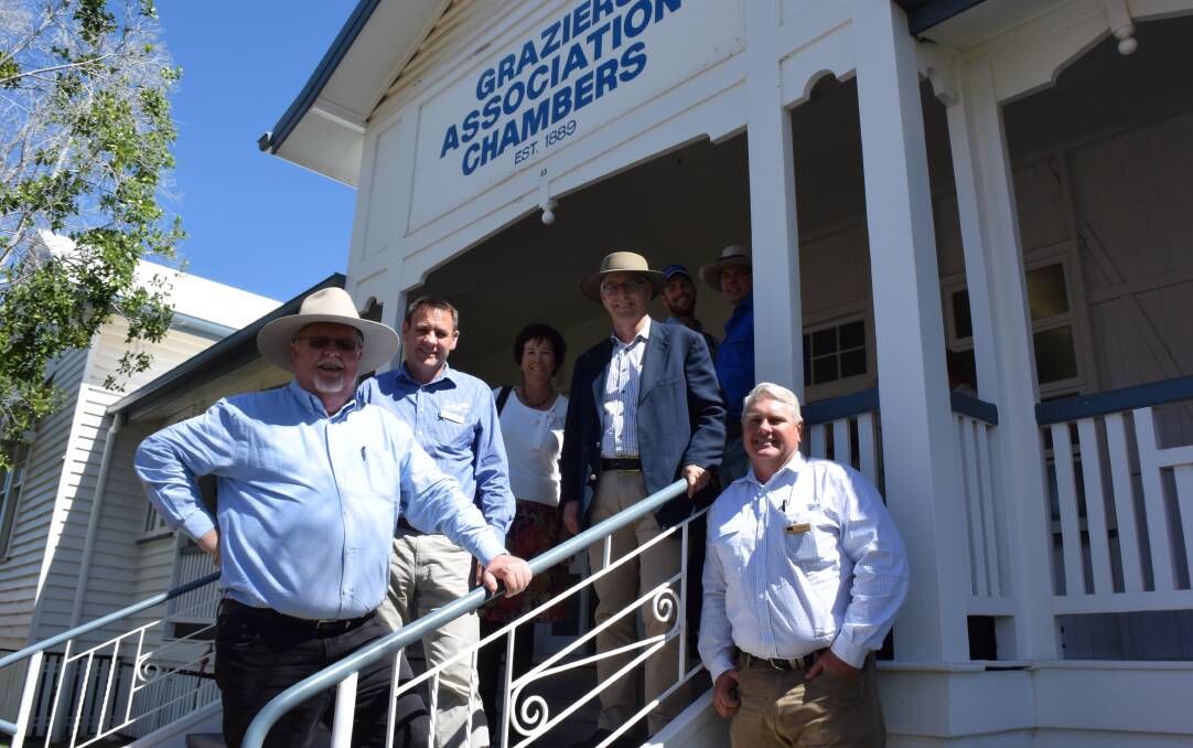 Qeensland LNP senator Barry O'Sullivan, MLA managing director Richard Norton, Australian Meat Processor Corporation chair Peter Noble and Cattle Council of Australia director David Hill with producers in Longreach.
