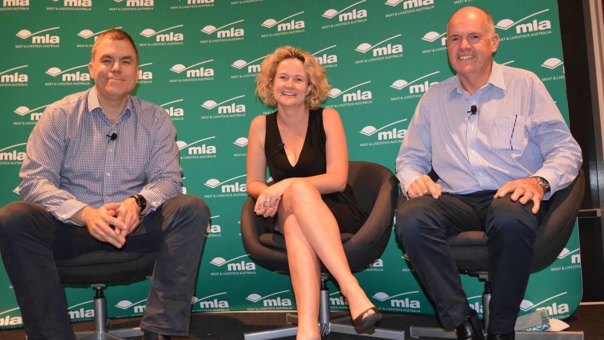 ACCC commissioner Mick Keogh, right, with fellow speakers Tom Maguire, Teys Australia and Anna Speer, AuctionsPlus, at a beef industry breakfast in Alice Springs yesterday, hosted by Meat and Livestock Australia in conjunction with its annual general meeting.