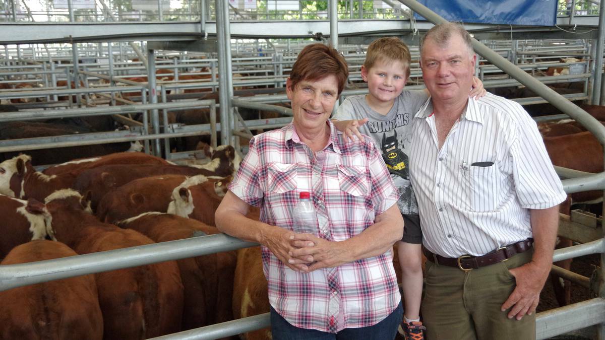 Janine and Chris Cooper, Wulgulmerang, with grandson, Dyson, sold these 16-18mo Hereford heifers, 414kg, $1060, at Bairnsdale 