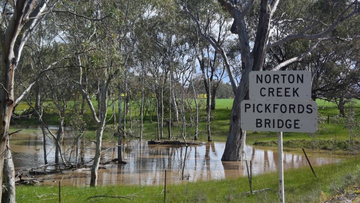 Norton Creek was running freely at this crossing on the Henty Highway at Wonwondah.