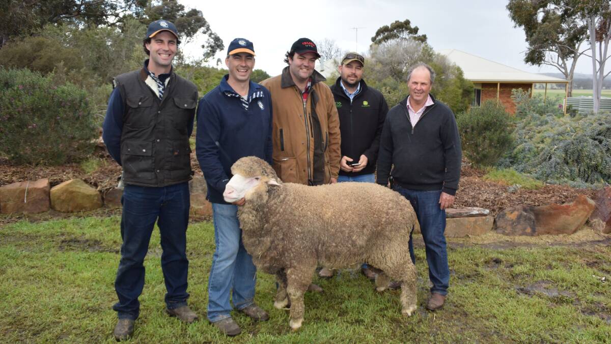 Banavie stud manager Brent Flood, principal Tim Polkinghorne, Keith and Lachlan Maher, Narromine, NSW and Roger Polkinghorne with the top price Banavie ram, which the Maher family bought for $21,000.