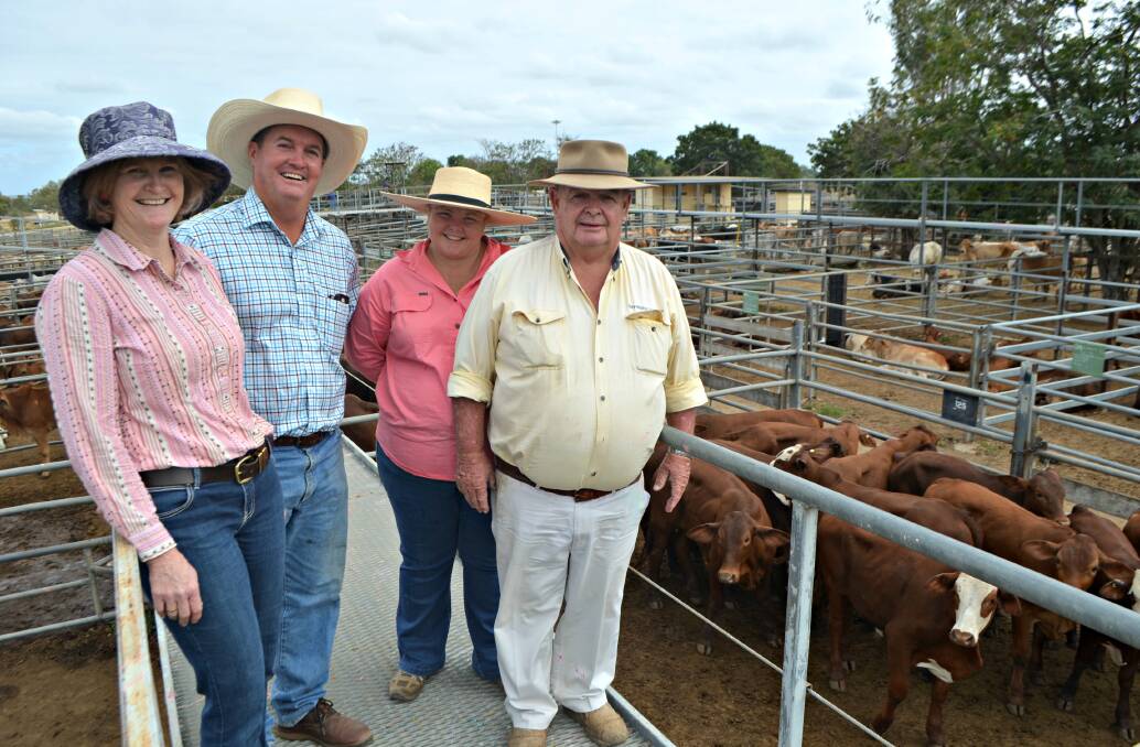 Ann-Marie Pointing, Walcah Station, New England and Clay Kenny, Llanarth Station, Charters Towers inspect the yarding at the Dalrymple Saleyards with Trish Currie and her father and sale agent Kevin Currie, Ray White Rural Townsville.
