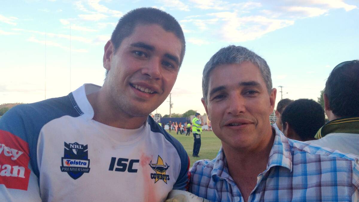 Former Hughenden Hawk and current South Sydney Rabbitoh Chris Grevsmuhl with Member for Mt Isa Rob Katter at the recently upgraded Hughenden Showgrounds sports facility.