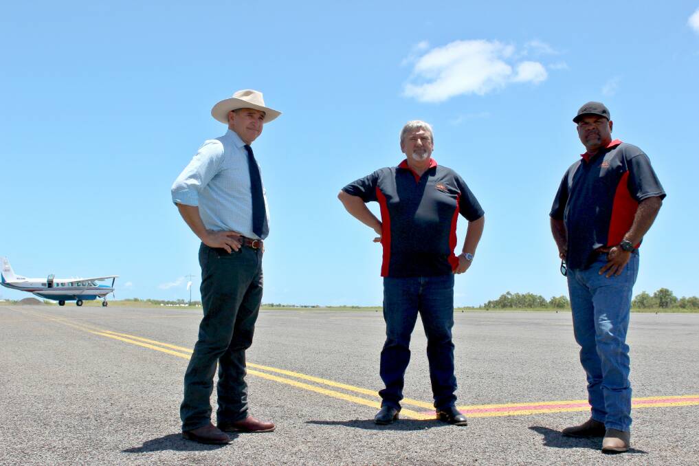 Member for Mount Isa Rob Katter with Mornington Shire Council CEO Frank Mills and mayor Bradley Wilson, at the airport.