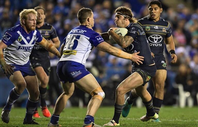Superlative effort: In addition to his try-scoring double Ethan Lowe also amassed 196 metres from 17 runs to go along with 28 tackles and a pair of line breaks during the Cowboys 24-16 win against the Bulldogs on Thursday night.