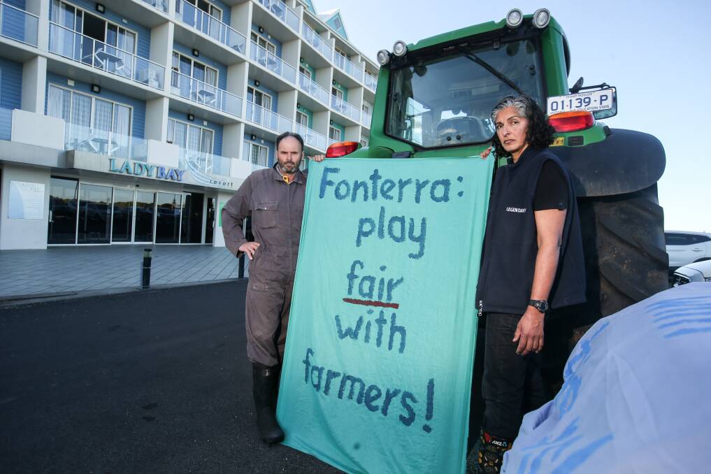 FONTERRA PROTEST: Crossley dairy farmers Brian Schuler and Karinjeet Singh-Mahil protesting outside the Fonterra supplier meeting, in Warrnambool.