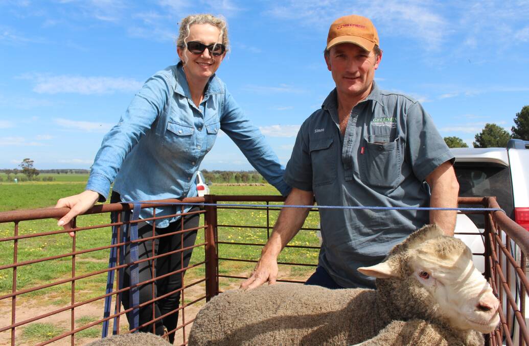 STUD SUCCESS: Buyers Anna and Simon Greene with the top-priced ram, which sold for $3600.