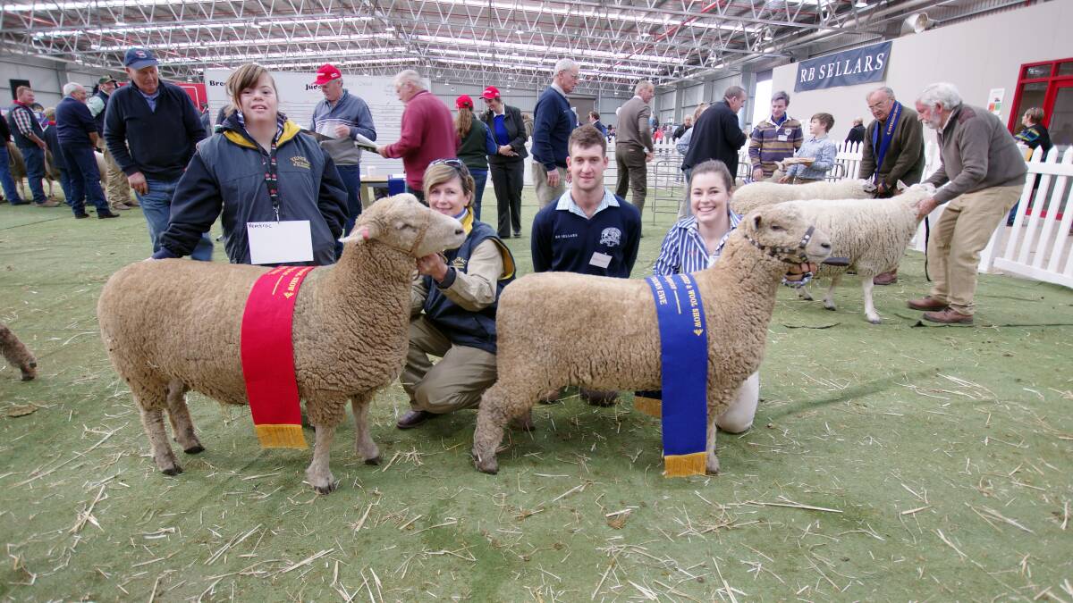 SOUTHDOWN CHAMPIONS: Yentrac stud Champion and Reserve Champion Southdown ewes with Justine McCartney (Yentrac), Lynne McCartney (Yentrac), judge Brayden Gilmore and Katy McCartney (Yentrac).