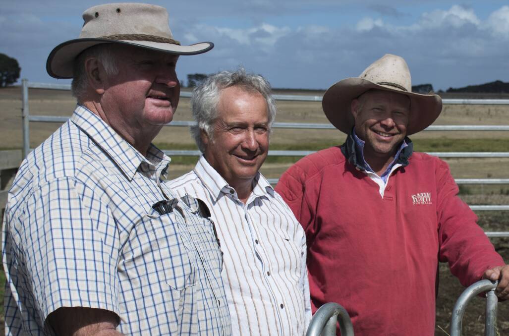 MOORA
 
PEDROSE stud principal Peter Guthrie, Breakaway Creek, paid Barry and Linton Price a visit to their MOORA Broadwater property during Beef Week. The Prices were happy to show off their new Poll Hereford bull Morganvale Jagos, which they purchased last year from the South Australian stud for the sale top price of $9000.
