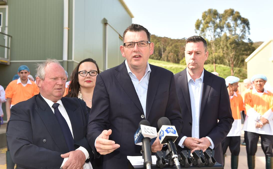MEATWORKS EXPANSION: Victoria Valley part-owner Peter Polavinka, Eastern Victoria MP Harriet Shing, Premier Daniel Andrews and Industry Minister Wade Noonan, at the plant.