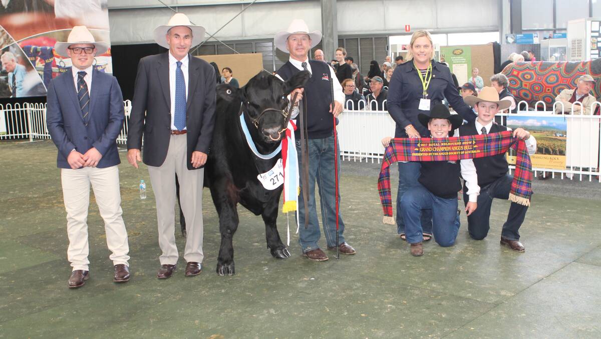 CHAMPION BULL: Judges Jesse Brown and Craig Gapes, with the Duddy family, Richard, Thomas (10), Benjamin (13) and Susie, with the Champion bull.