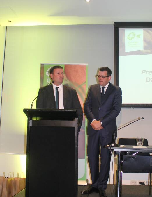 VFF CONFERENCE: Outgoing Victorian Farmers Federation president Peter Touhey, introduces Premier Daniel Andrews, to the conference. Picture: Andrew Miller.