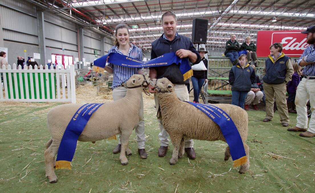 AWARD WINNERS:  With their Champion ewe and ram, Most Successful Exhibitors in the Southdown class were Yentrac stud's Katy and Rob McCartney, Tatura.